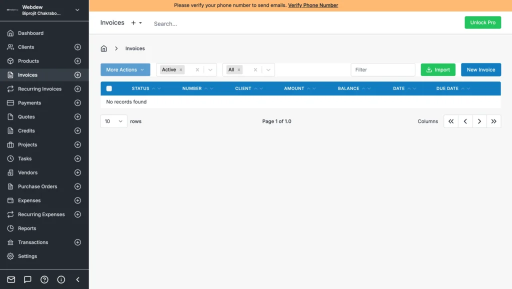Invoice Ninja dashboard