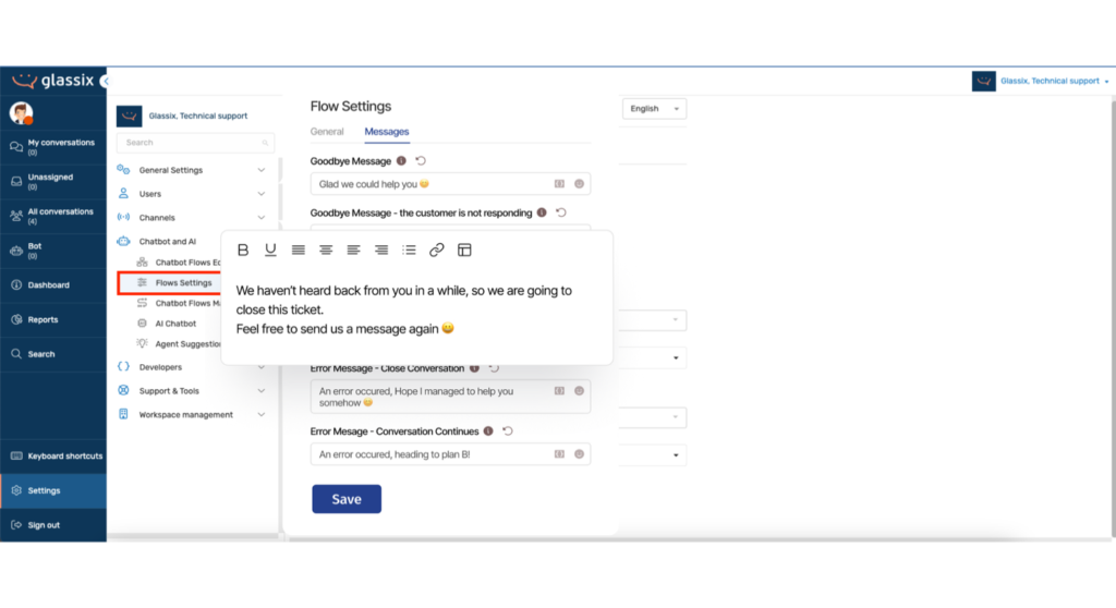chatbot flow settings