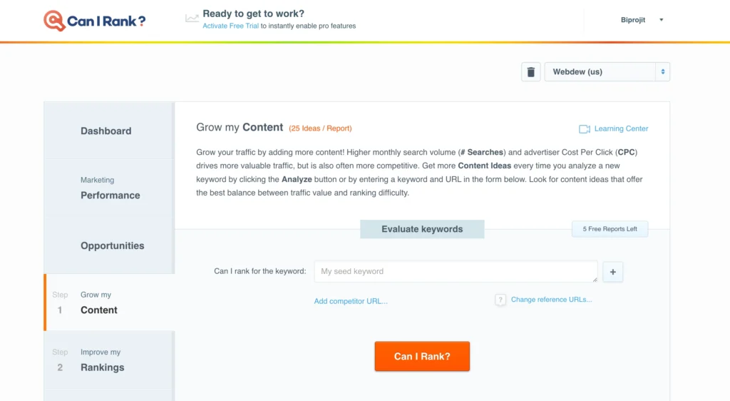 Top 12 Free AI Tools for Affiliate Marketing in 2024 12 CanIRank dashboard
