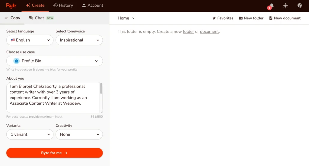 Top 12 Free AI Tools for Affiliate Marketing in 2024 9 Rytr dashboard 1
