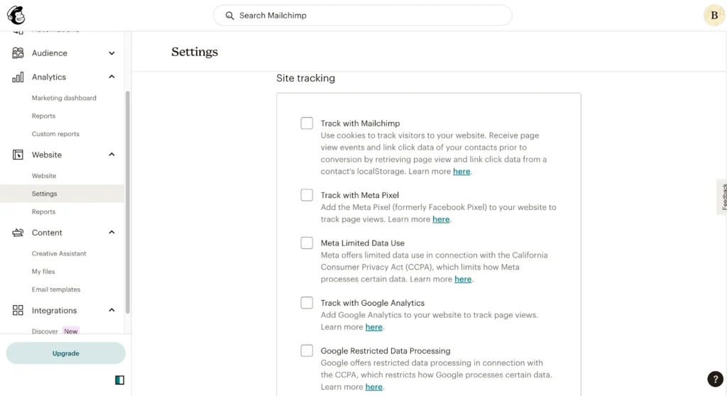 mailchimp site tracking