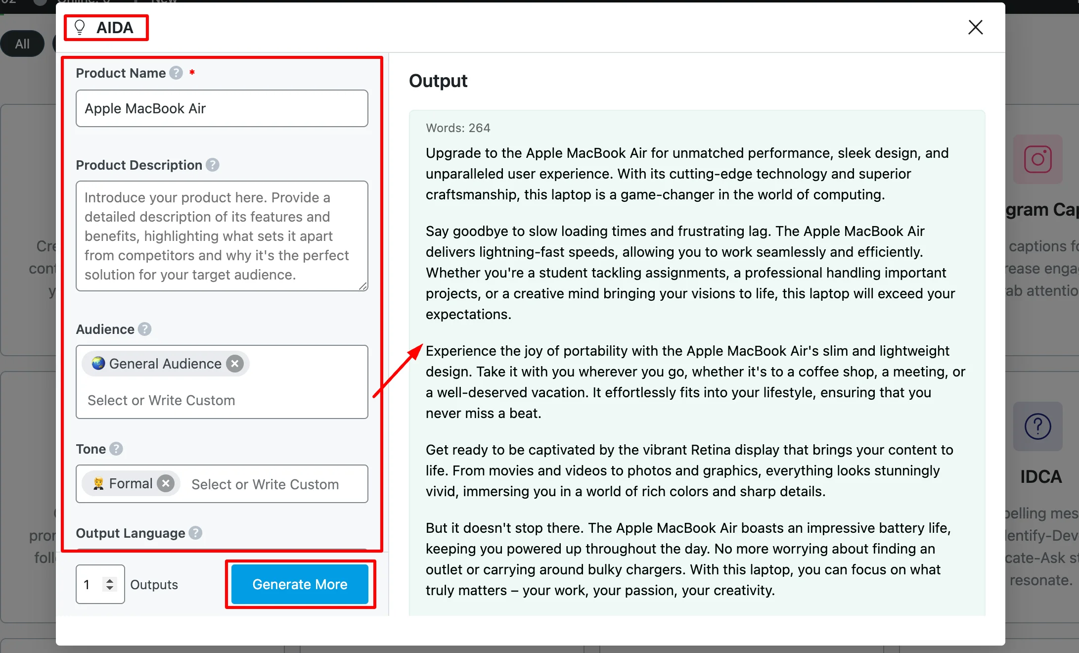 generated output by aida