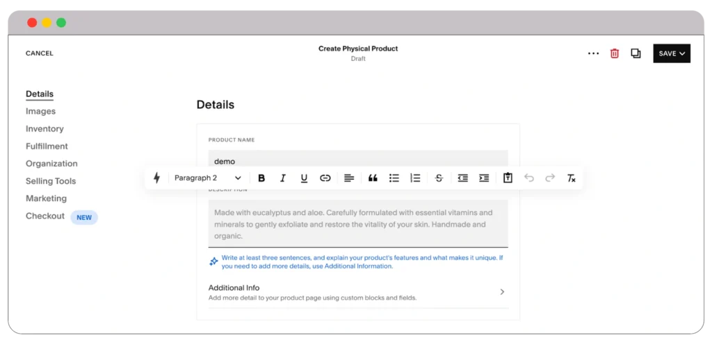 Squarespace product description