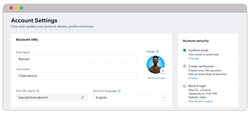 Wix account settings 2